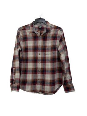 Eddie Bauer Mens Red Beige Plaid Flannel Button-Up Shirt 100% Cotton Size XL